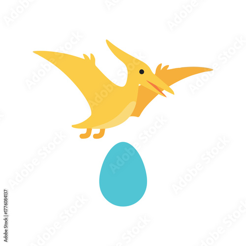 Yellow pterodactyl flying over a bright blue dinosaur egg cartoon image
