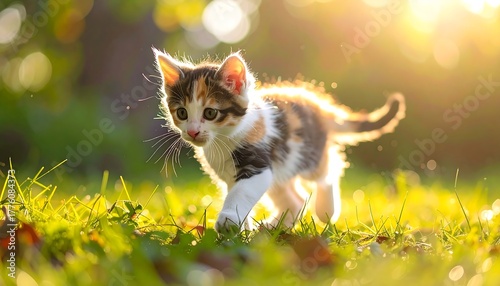 A small, calico kitten walks across a sun-drenched lawn, its fur illuminated by a golden, blurred background
