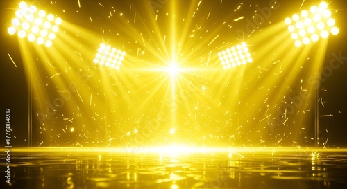 Spectacular stage lighting display with radiant yellow spotlights and shimmering particles