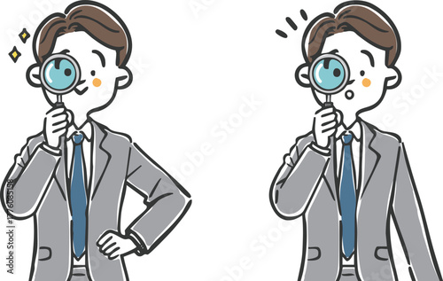 虫眼鏡をのぞくビジネスマン　上半身　ベクター
