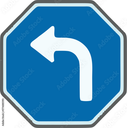 Blue Octagonal Road Sign with Left Turn Arrow.