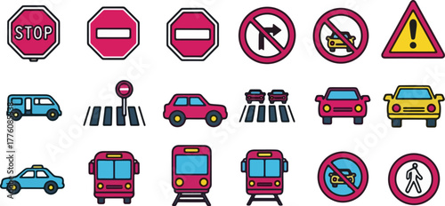 Collection of traffic signs and vehicles.