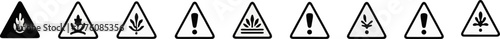 Collection of various black and white warning signs in triangular shape.