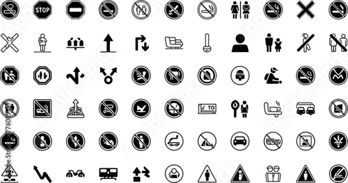 Collection of various black and white traffic and warning signs.
