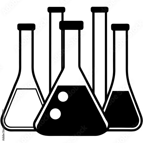 Black and white illustration of various laboratory flasks containing liquids and bubbles