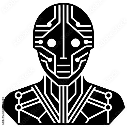 Stylized black and white illustration of a robot head and shoulders with circuit board patterns