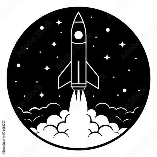 Stylized rocket launching into starry night sky with smoke clouds in a circular emblem