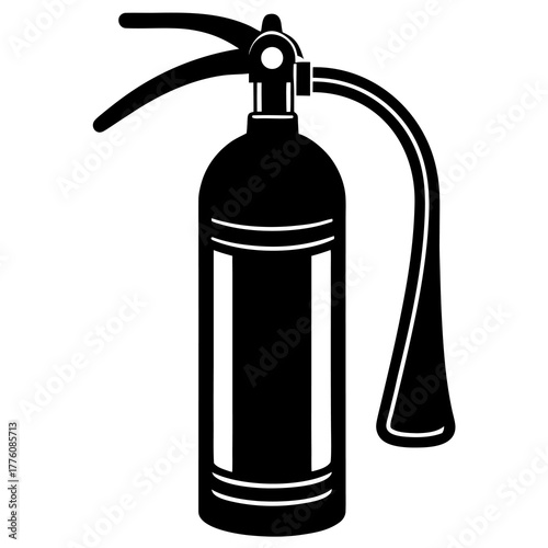 Black silhouette of a fire extinguisher with a hose and handle on a white background
