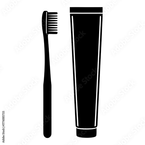 Black silhouette of a toothbrush and toothpaste tube isolated on a white background for dental hygiene and oral care concepts
