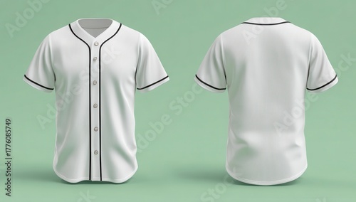Stylish photo of white baseball jersey, front and back view, on a light green background