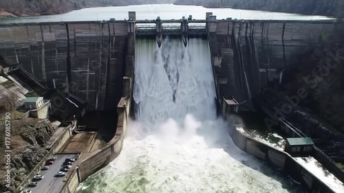 A large concrete dam with water cascading through the open floodgates, generating power.