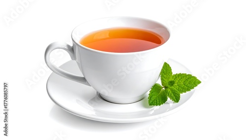 Cup of orange tea with sprig of mint on a saucer, against a white background, angled to the left