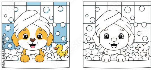 Cute puppy wearing a towel on its head, enjoying a bubbly bath with a rubber ducky, ideal for a cheerful children's coloring book illustration.