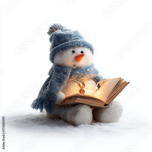 Child reading magic book under soft winter light