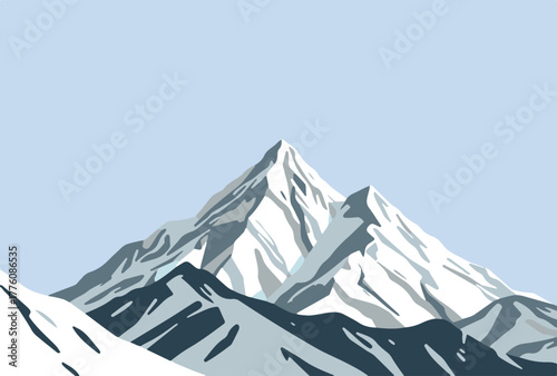 Vector illustration of a high snow covered mountain peak with sharp ridges and blue sky with clouds in the background