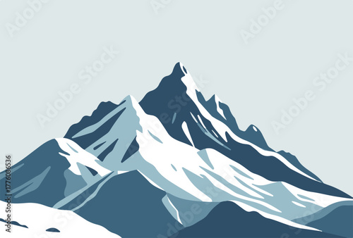 Vector illustration of a high snow covered mountain peak with sharp ridges and blue sky with clouds in the background