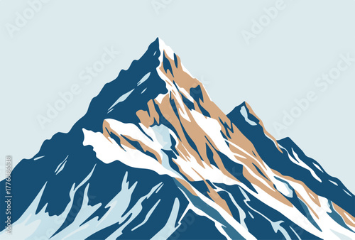 Vector illustration of a high snow covered mountain peak with sharp ridges and blue sky with clouds in the background