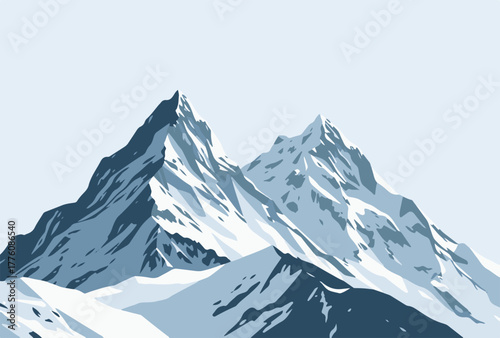 Vector illustration of a high snow covered mountain peak with sharp ridges and blue sky with clouds in the background