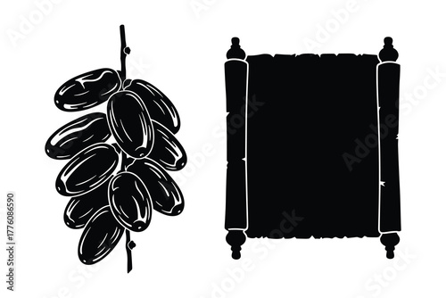Dates fruit bunch and ancient scroll paper icon symbol