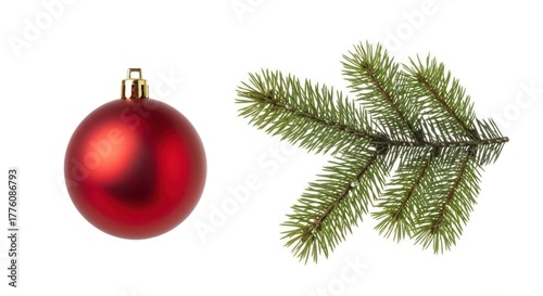 Isolated Christmas Ornament and Pine Branch Arrangement on White Background Element