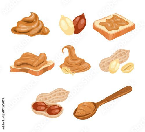 Set of peanut butter set collection with spread toast bread, peanut butter swirl, spoon, nuts, piece of toast bread, whole and peeled peanuts, isolated on white background flat vector illustration