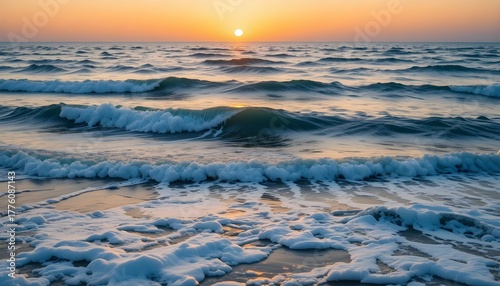 Beautiful Panorama of Sea Waves under Golden Dawn Sky Creating a Peaceful Coastal Morning Scene