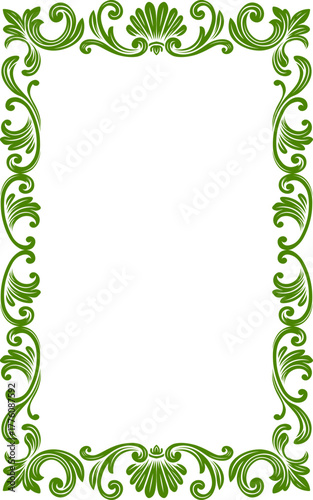 Ornate Green Scrollwork Frame, page border, page frame, tiles, ceramic, mosaic pattern border vector.