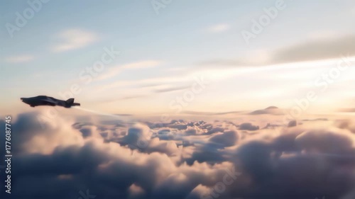 A future A.I. jet flies over clouds