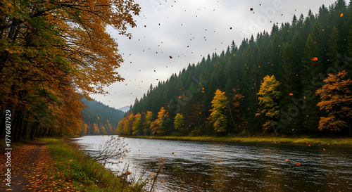 Autumnal River Scene: Forested Banks and Falling Leaves Reflect a Changing Season