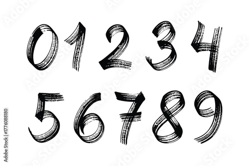 Hand drawn numbers zero to nine brush style on white background