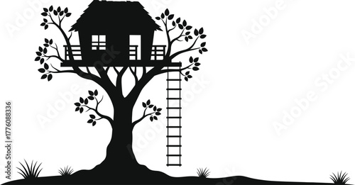 Whimsical silhouette treehouse with ladder and lush foliage for outdoor adventure isolated on transparent background