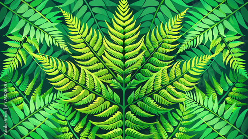 A detailed macro texture of overlapping fern leaves in bright green tones, natural symmetry and shadow play creating a serene organic pattern, perfect for nature-inspired designs