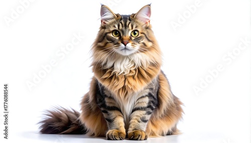 Fluffy brown and black tabby cat sitting upright against a bright white background, looking straight ahead