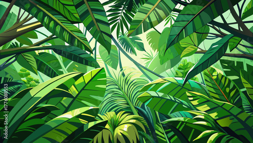 An immersive texture of jungle canopy leaves viewed from above, layered with multiple green shades, sunlight filtering through, evoking tropical energy and natural depth, detailed vector artwork