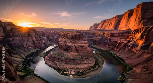 Sunset over the bend of the river, creating a mesmerizing vista in the canyon