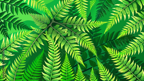 A detailed macro texture of overlapping fern leaves in bright green tones, natural symmetry and shadow play creating a serene organic pattern, perfect for nature-inspired designs