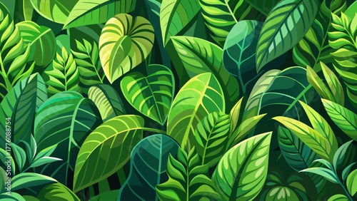 A seamless texture of dense forest leaves in multiple shades of green, soft sunlight filtering through, forming a vibrant, refreshing, and natural background, detailed vector illustration