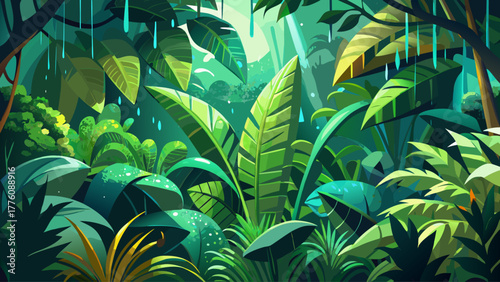 A vibrant top view of tropical rainforest foliage, layered with various green leaves, wet with raindrops, glowing under soft diffused light, radiating freshness and natural harmony