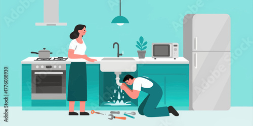 Plumber fixing kitchen sink under counter flat colorful illustration