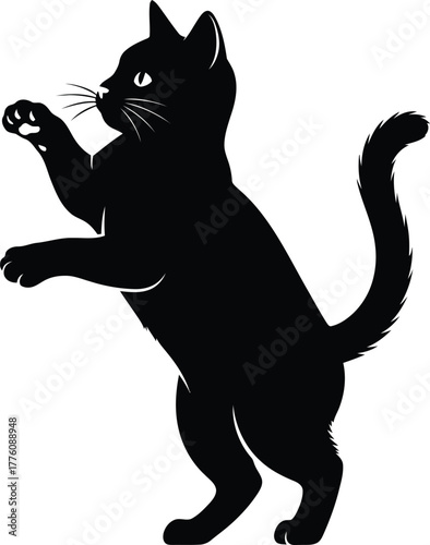 Playful black cat silhouette standing on hind legs with raised paws and curled tail graphic isolated on transparent background
