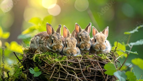 Four baby rabbits nestled together in a twig and moss nest, surrounded by green leaves and a bokeh-filled background