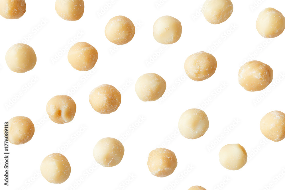 Fototapeta premium A collection of dried macadamia nuts isolated on transparent background. Macadamia nuts isolated on white background.