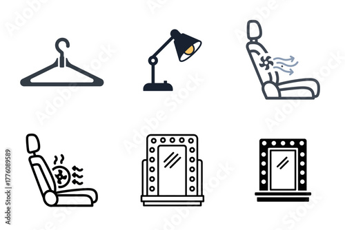 Home, Car & Personal Comfort Icons Set - Hanger, Lamp, Heated & Cooled Seats, Vanity Mirror