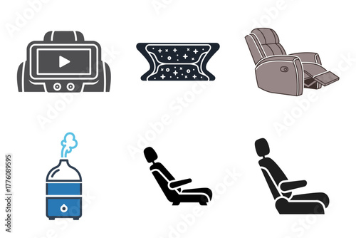 Modern Comfort and Relaxation Icons: VR Entertainment, Recliner Chair, Humidifier, and Car Seats