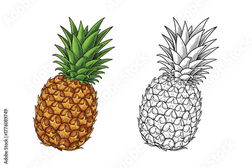 Pineapple Engraving Illustration Colored and Monochrome