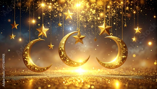 Golden crescent moons and stars hang against a glittery backdrop in warm, celebratory lighting