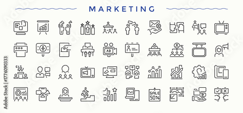 Marketing icon collection. Minimal icons collection. Editable vector. Pixel perfect. Advertising vector line icon set. Contains such icons as ads, campaign, advertising and more.