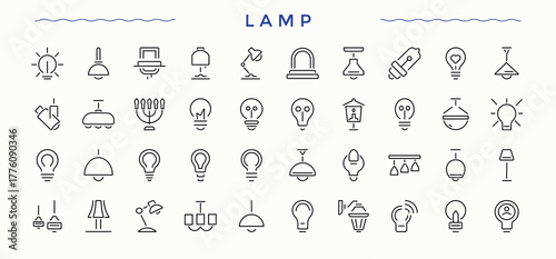 Lamp icon collection. Light And Lamp icon collection. Featuring spotlight, idea, illumination, lightbulb, bulb and more. Editable vector. Pixel perfect.