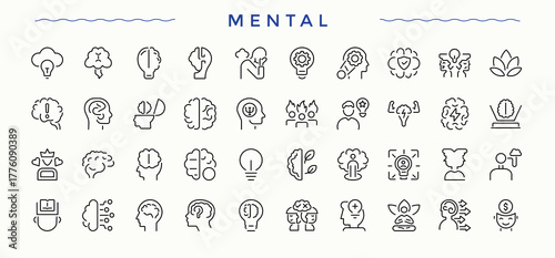 Mental icon collection. Head vector icon set. Thin icons set. Contain linear sign brainstorm, mind, brain, psychology, ai and more. Vector artwork and illustration.