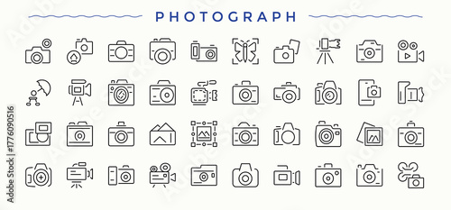 Photography icon set. Contain linear sign camera, photo, photographer, media and more. Photographer line icon set. Thin linear style icons. Vector illustration.